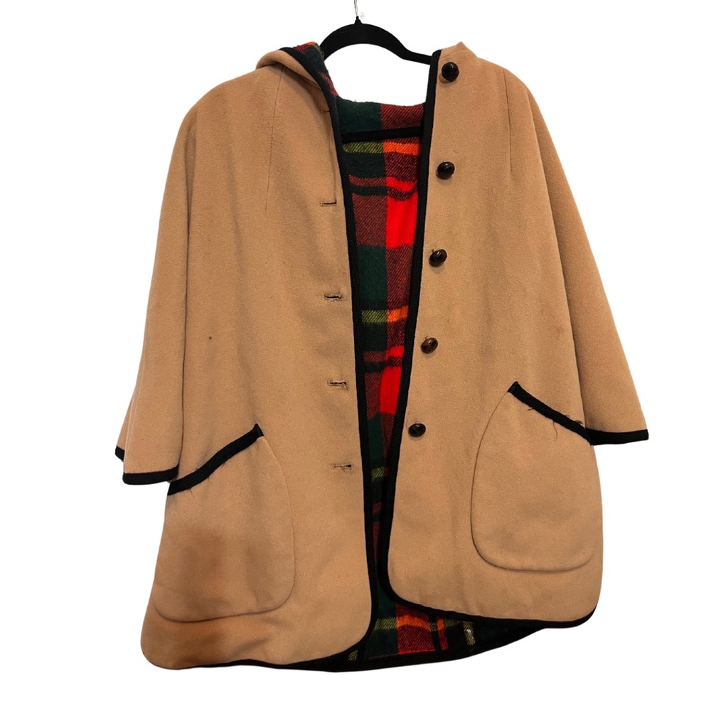 Vintage 100% Wool Reversible Cape - Tan & Plaid - Size Medium/Large